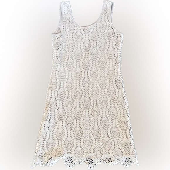 Crochet White short Midi Dress w/ a Side zipper and Lining Inside - Picture 1 of 3